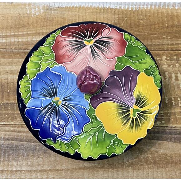 New NIB 2004 J. McCall Lidded Trinket Candy Dish Blue Skys Pansy & Rose Flowers - Picture 5 of 12